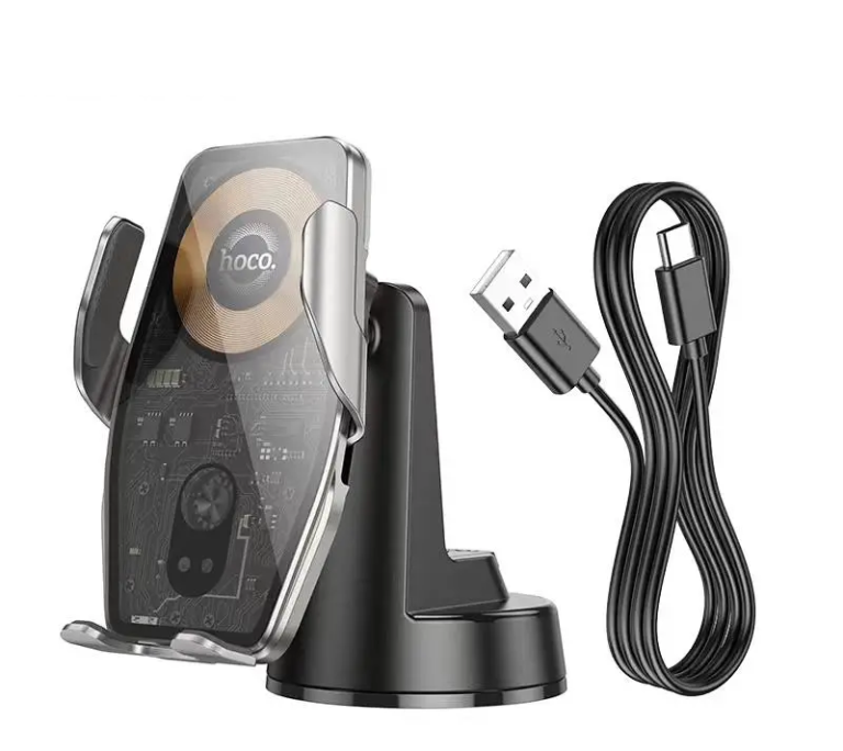 Hoco HW27 Traveler infraroșu RGB suport de masina de incarcare rapida wireless (consola centru) negru de metal gri